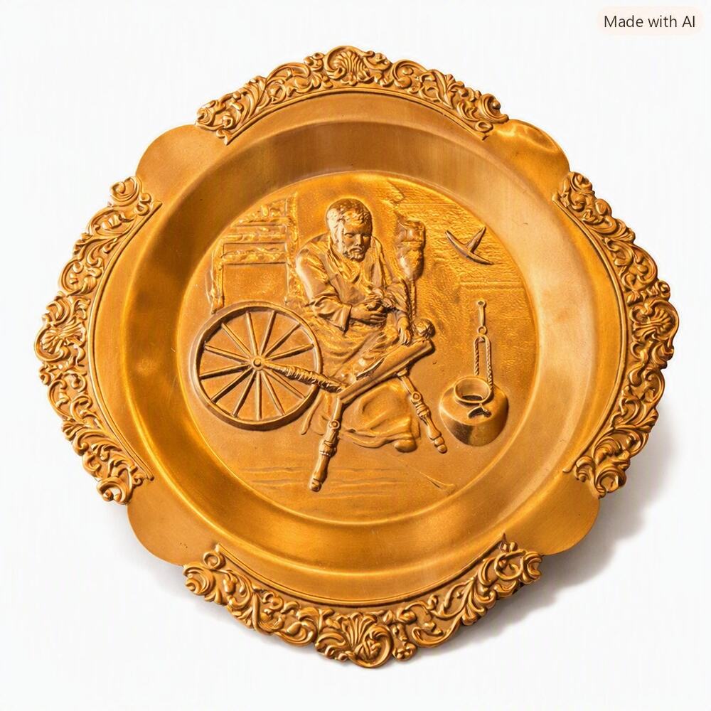 7 in Embossed Gold‑Tone Metal Plate Craftsman Spinning Wheel Baroque Folk Art